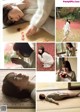 A collage of photos of a woman laying on the floor.