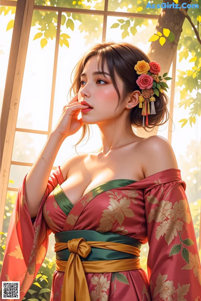 A woman in a red kimono with a flower in her hair.