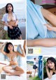 A woman in a bikini sitting on a bed next to the ocean.