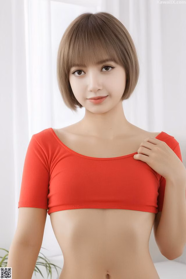 A woman in a red top is posing for a picture.