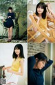 A collage of photos of a woman in a yellow dress.